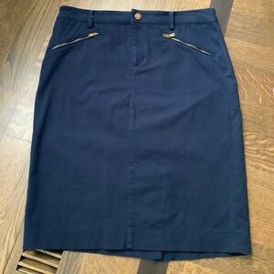 RALPH LAUREN Pencil Skirt Size 8 28” Navy Blue Gold Zipper Pockets Slit in Back